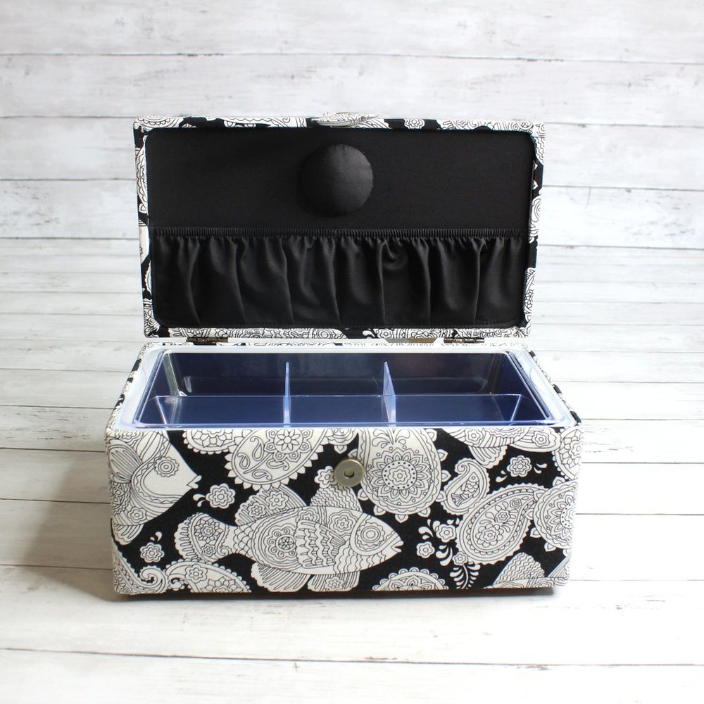 Notions Sewing Basket Box Black White Fish Quilted Fabric Handle Tray